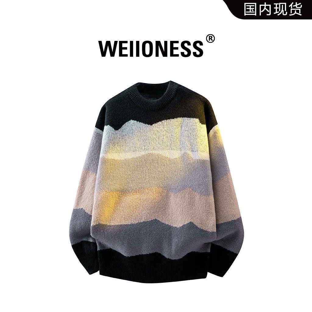 WEIIONESS美式条纹拼色圆领毛衣男款秋冬季宽松慵懒风针织衫上衣