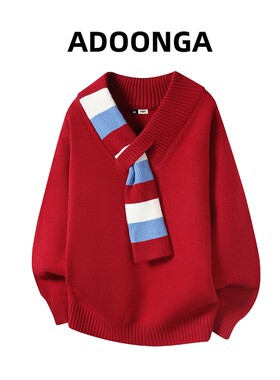 ADOONGA红色针织衫男士秋季2025爆款小众设计感围巾领打底毛衣男