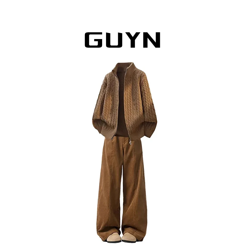品牌正品现货】GUYN双头拉链开衫针织毛衣男士圆领保暖加厚套装男