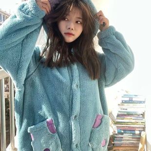 冬季新款珊瑚绒 小怪兽苏利文睡袍蓝仔粉仔美乐蒂家居服连帽款式