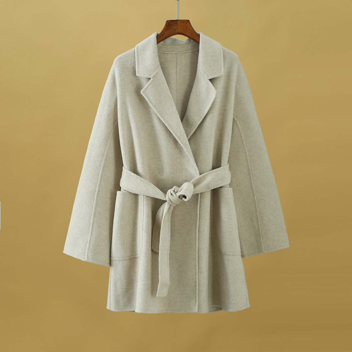 意气质羊绒西装领系带双面呢大衣