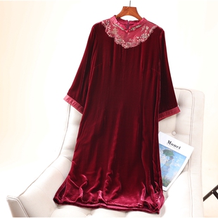 高端真丝丝绒旗袍 酒红喜庆礼服妈妈装新中式刺绣连衣裙【盛】