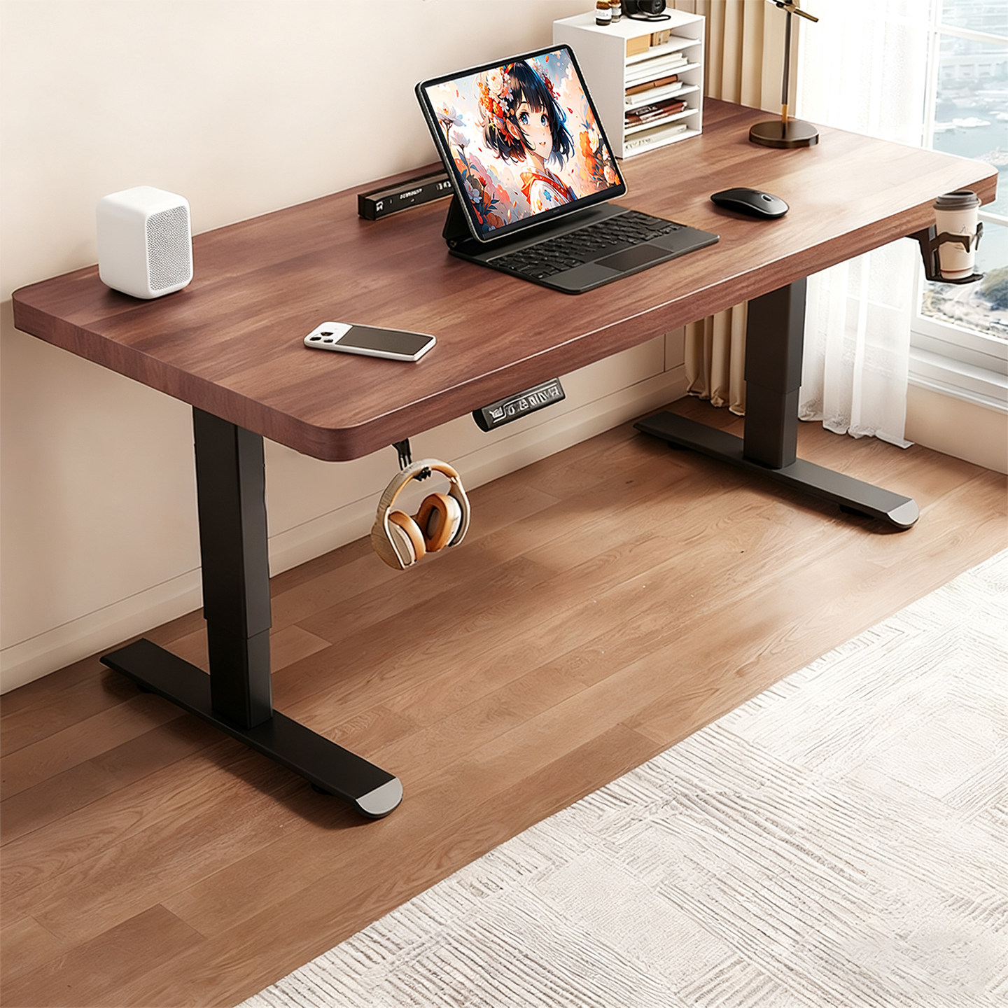 实木智能电动升降桌家用台式电竞电脑桌可升降定制办公书桌工作台