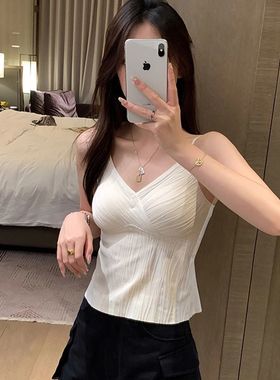白色V领吊带背心女带胸垫配衬衫西装内搭压褶文胸一体美背内衣夏