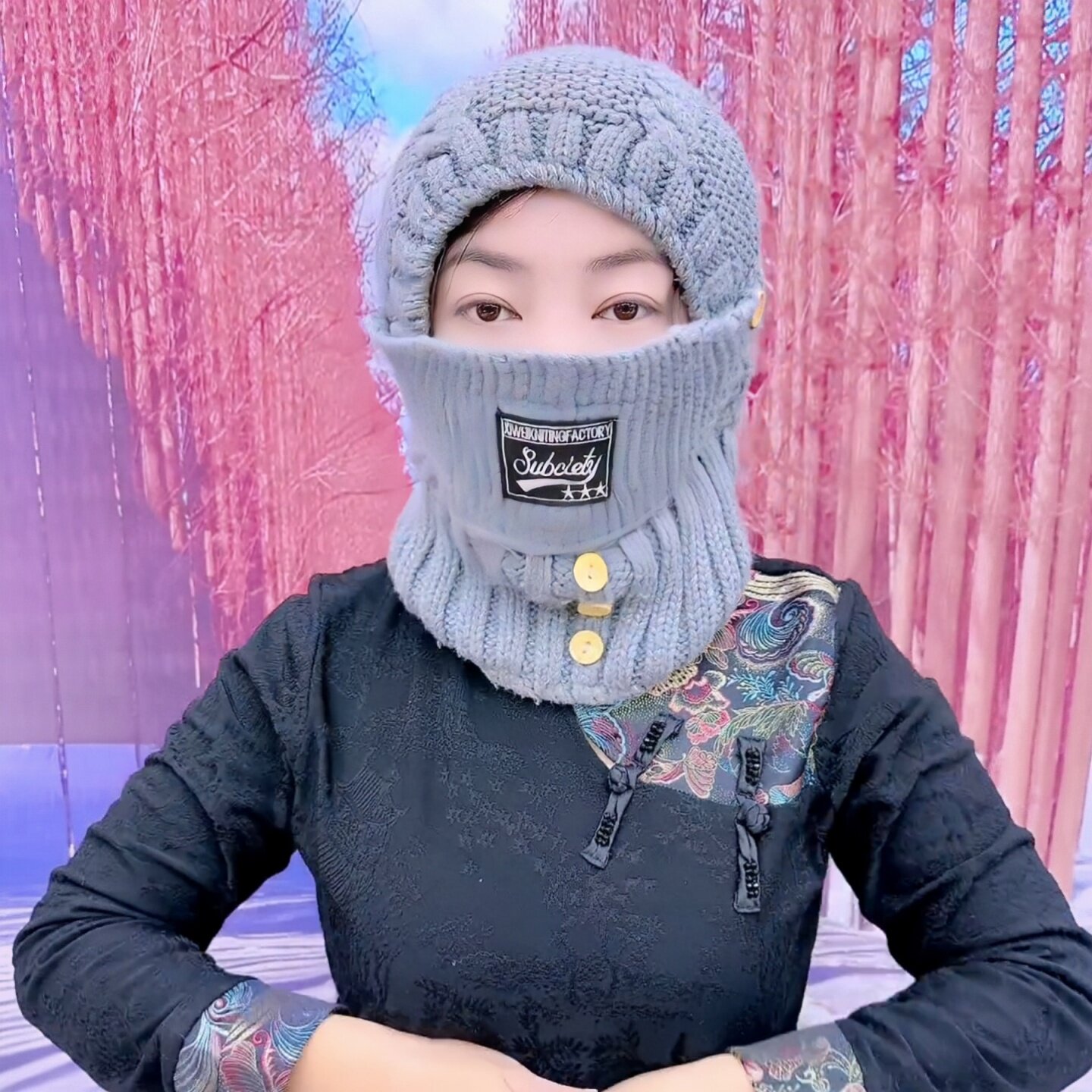 冬季帽子女士针织护耳保暖帽妈妈毛线帽围脖口罩一体围巾骑车防风