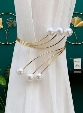 新款简约窗帘绑带六粒珍珠金属窗帘带免打孔客厅窗帘扣窗帘绳批发