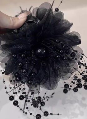 Black Bead Hair Clip 黑色珠珠流苏新款秋冬发夹氛围气质显发量