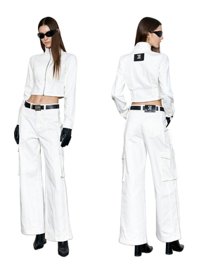 YJ1NGZYZJ 皮标白色胸衣牛仔拉链外套