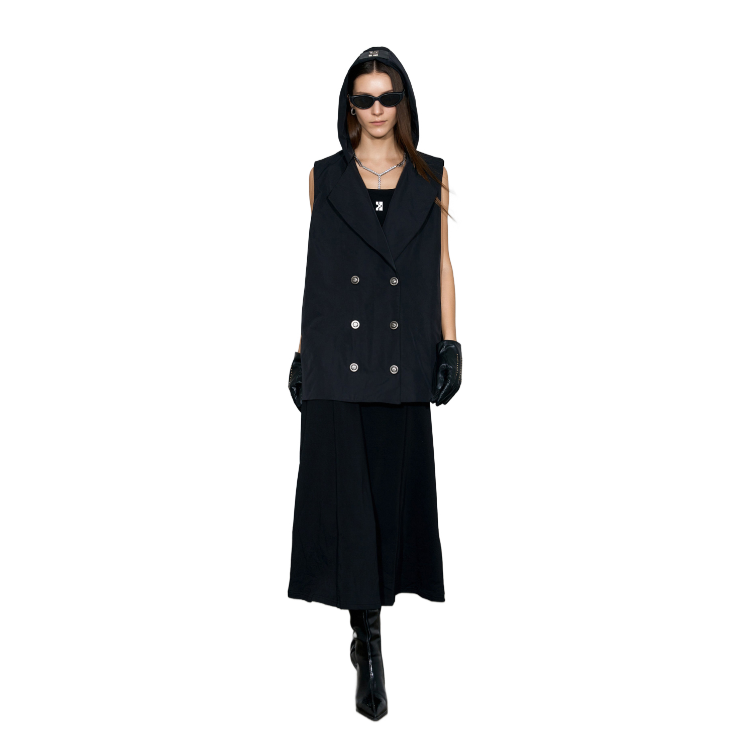 黑色尼龙连帽双排扣斗篷外套