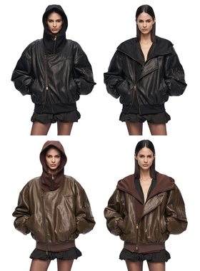 YJ1NGZYZJ Yushi同款 斜领假两件棒球服连帽皮衣外套 黑色/棕色