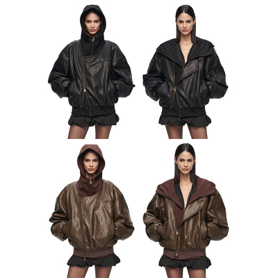 YJ1NGZYZJ Yushi同款 斜领假两件棒球服连帽皮衣外套 黑色/棕色