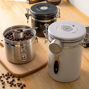 咖啡豆保存罐咖啡粉密封罐储藏罐收纳罐不锈钢单向排气养豆罐带勺