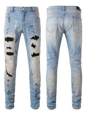 7琪同学am风格高街蓝色破洞猫须烫钻涂鸦牛仔修身复古小脚裤男女