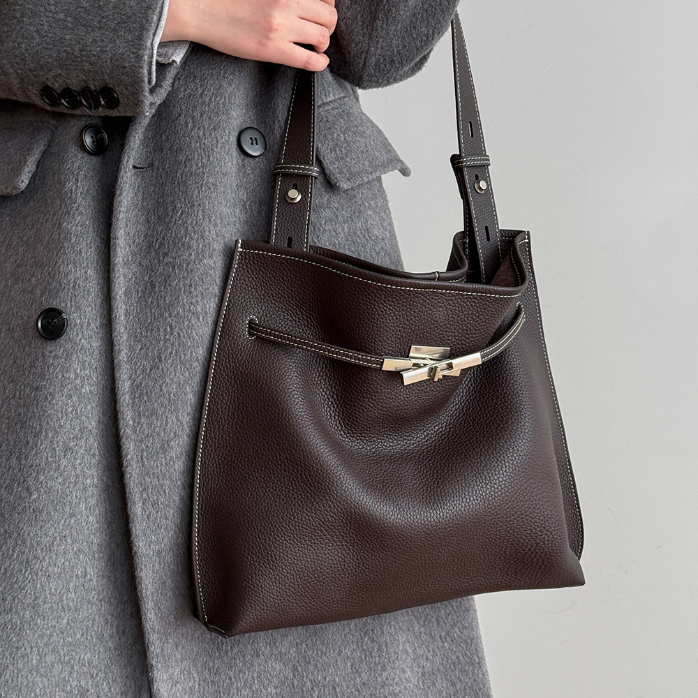 CHUDAO 头层荔枝纹牛皮凯莉包女单肩斜挎通勤城市风软包托特包