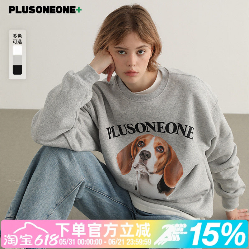 PLUSONEONE+ 高级感狗狗头像印花上衣女秋季圆领休闲百搭情侣卫衣