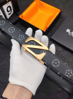 港风印花商务百搭男士自动扣皮带真皮牛皮裤腰带