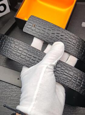 3.7新款无头皮带男真皮头层牛皮青中年配H扣美杜莎打孔鳄鱼纹腰带