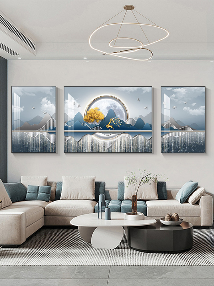 定做代象画轻奢厅客装饰画现福靠山抽鹿三联画高档沙背发景墙挂山