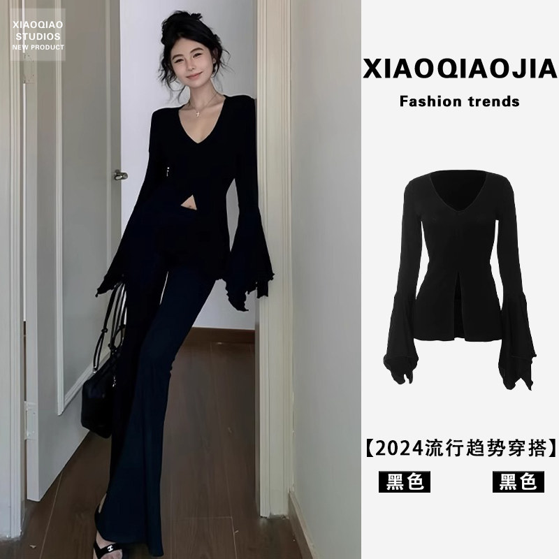 黑色V领长袖开叉T恤女早秋设计感修身显瘦别致辣妹装性感绝美上衣