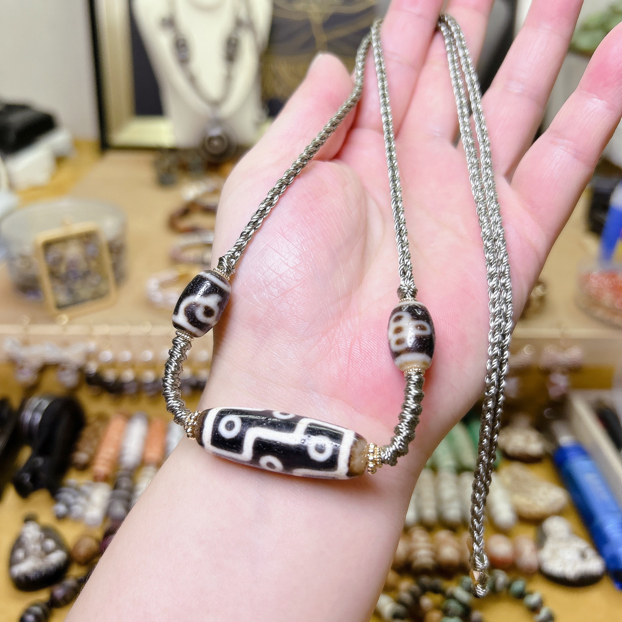 老料精品手工九眼天珠绿度母五眼闪电多宝精编锁骨项链绳