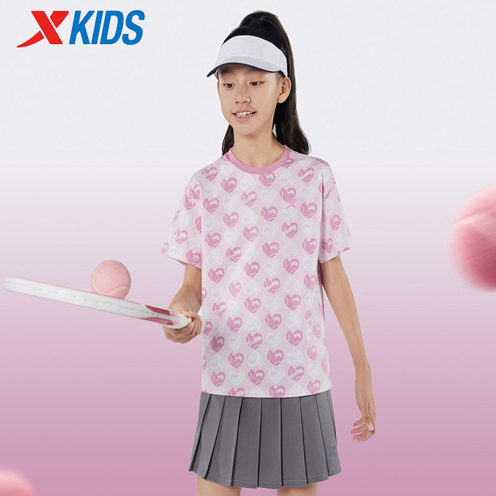 特步儿童装2025夏季新款女大童短袖休闲速干圆领T恤675324014039