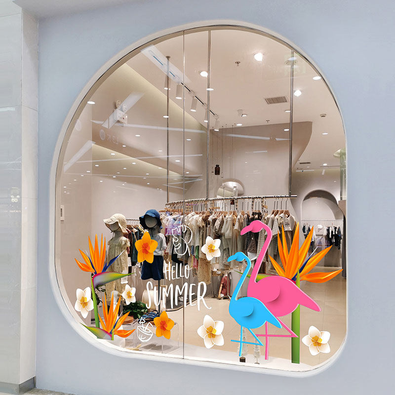 夏天橱窗布置植物花卉粉色火鸟双面透明贴玻璃贴纸静电网红贴饰