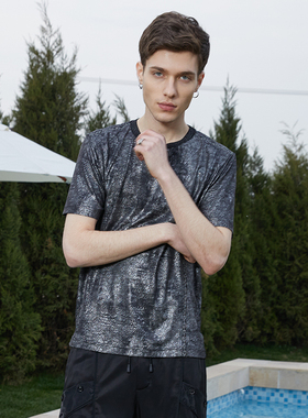 ANDREW MACKENZIE夏季质感花卉银灰圆领短袖T恤男潮流简约