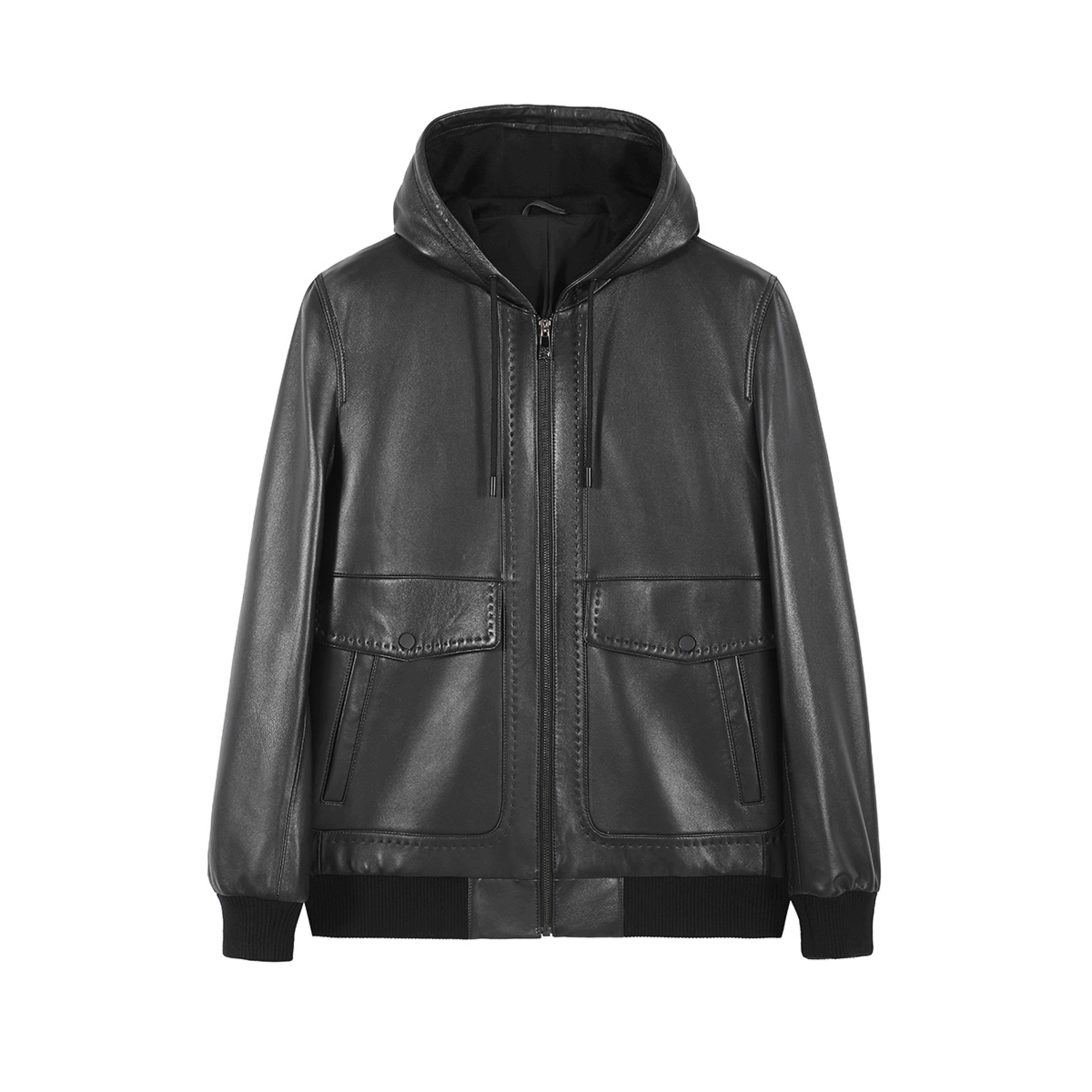 ANDREW MACKENZIE男士 秋冬款潮流舒适连帽羊皮革皮衣外套上衣