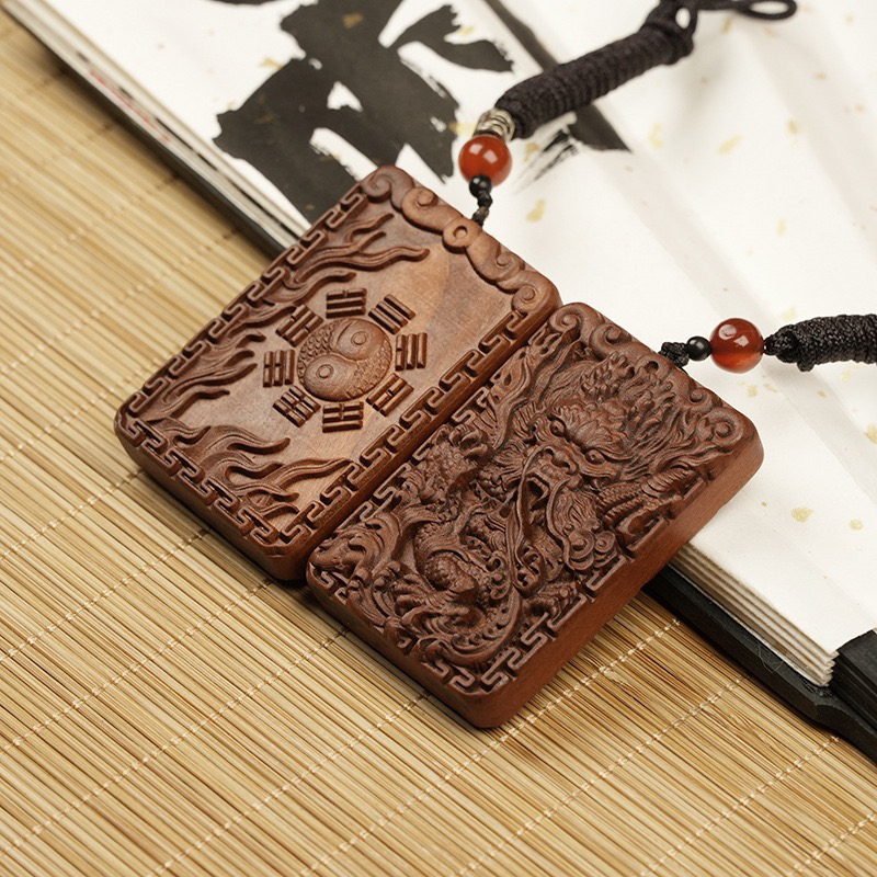 天然雷击枣木青龙牌吊坠挂件太极八卦随身木牌双面精雕无事牌手工