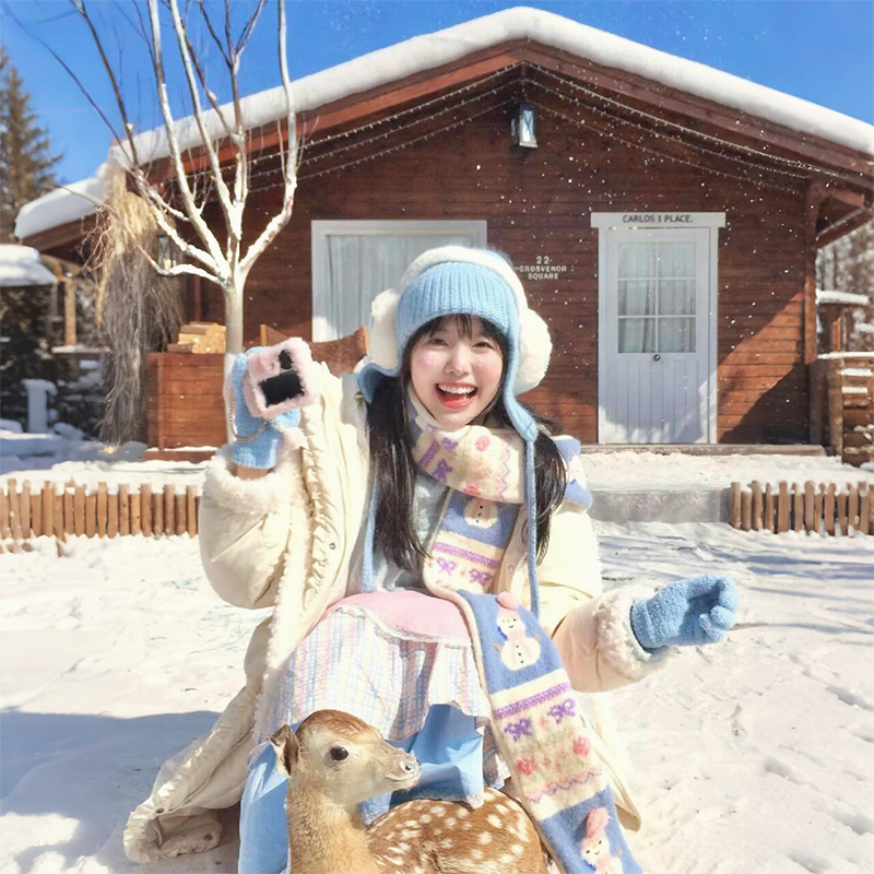 卡通提花雪人围巾披肩两用蓝色毛绒线围脖加厚保暖百搭仿羊绒脖套