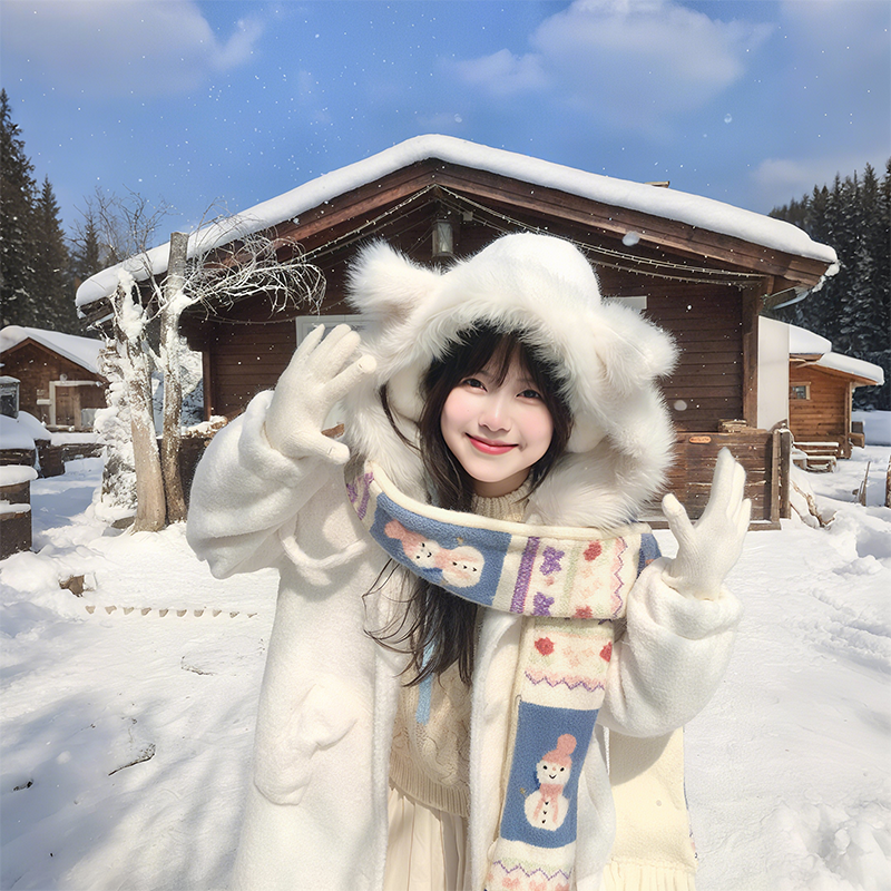 可爱提花雪人围巾披肩两用蓝色毛绒线围脖圣诞加厚保暖仿羊绒百搭