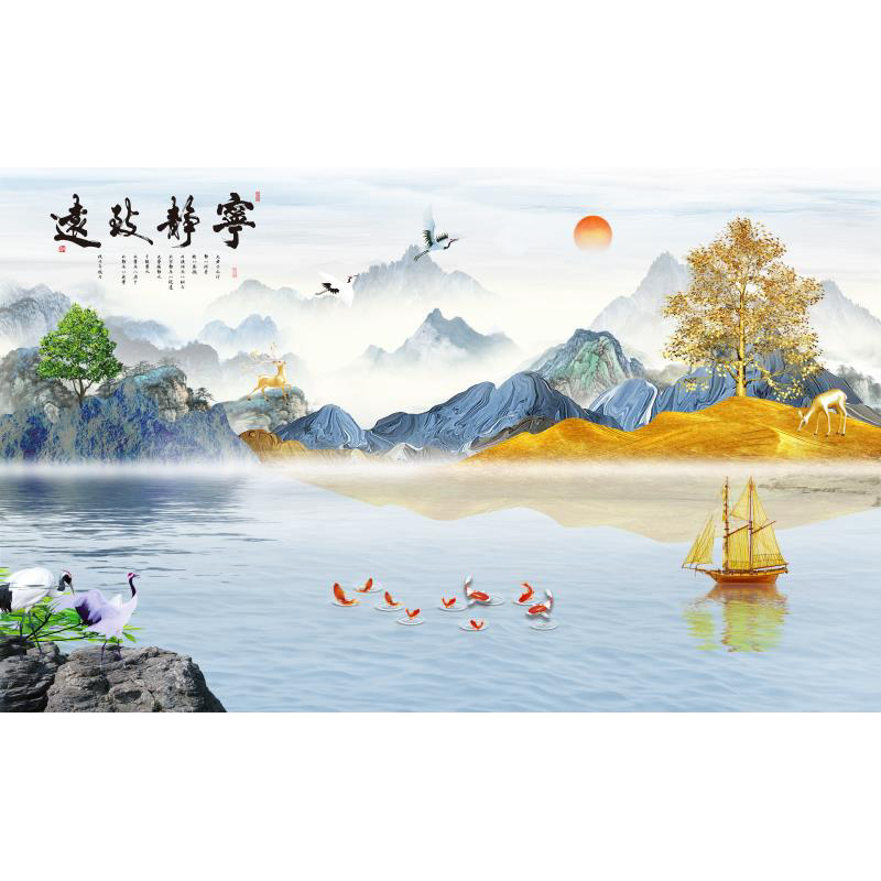 艺舍山水客厅装饰壁画墙布九鱼图