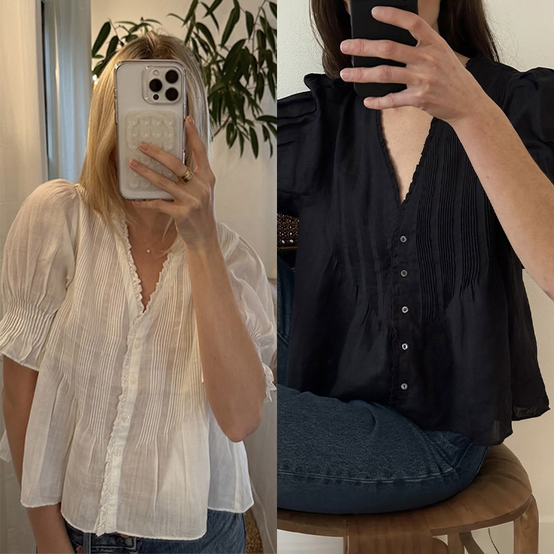 Doe法式小众2025春夏舒适纯色小花边装饰深V领泡泡中袖女士衬衫