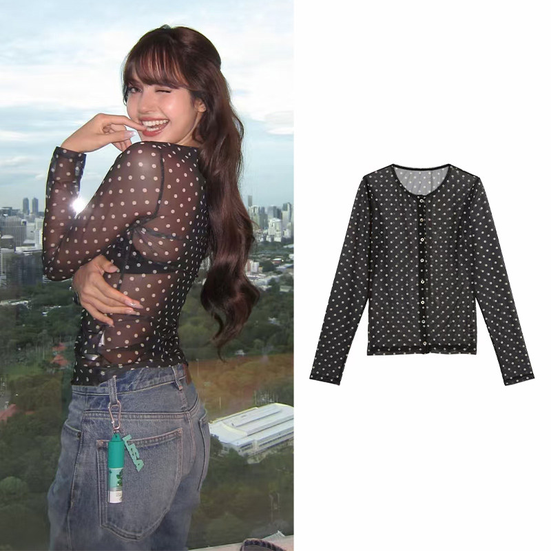 Lisa~款 2026早秋INS风波点印花半透视圆领微弹修身性感衬衫