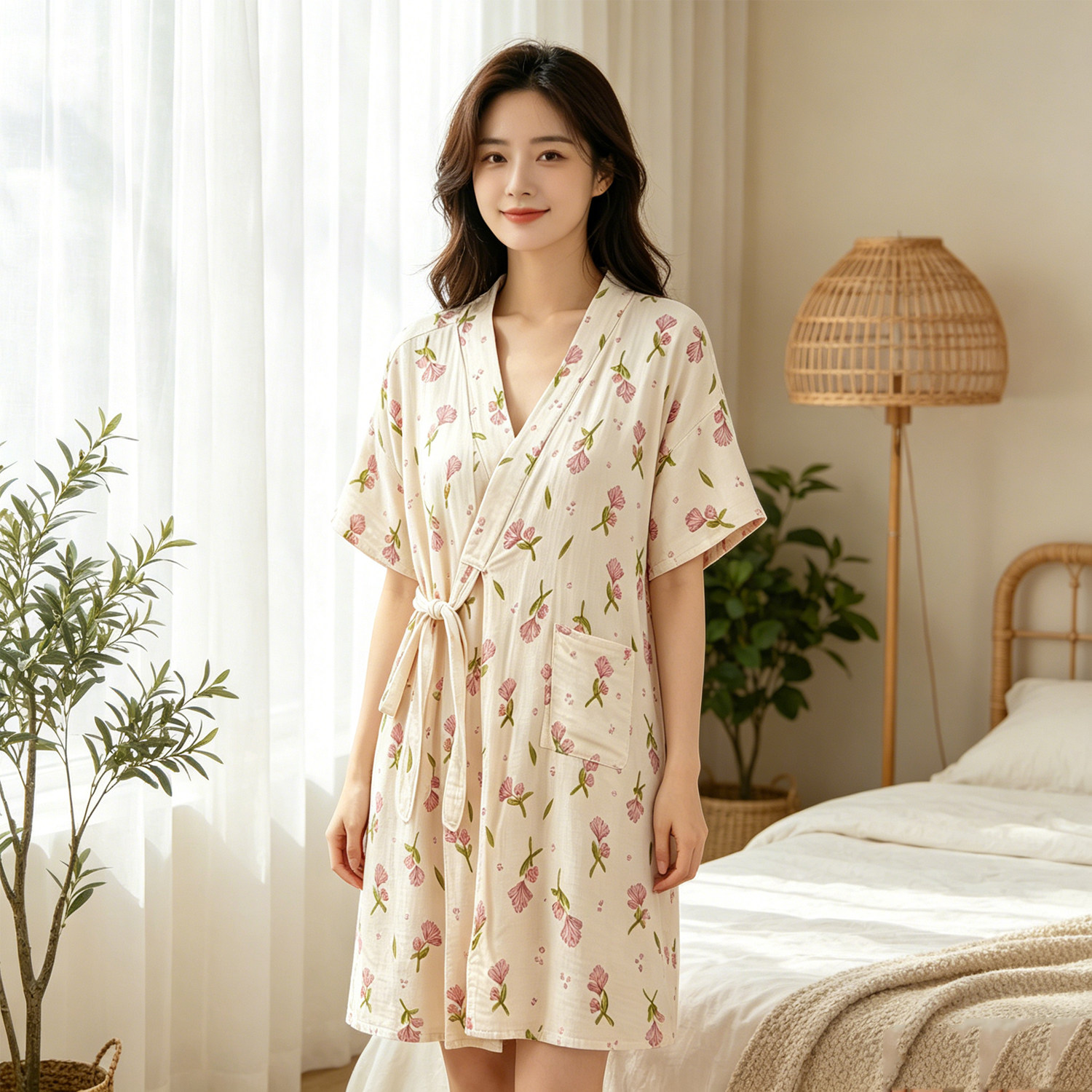 纯棉双层纱布碎花浴袍女系带开衫家居服日式和服睡袍小香风浴衣女