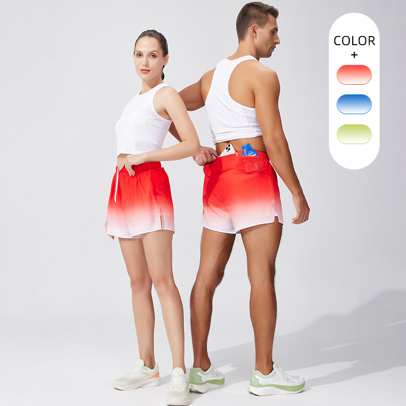 新款运动短裤男女跑步健身个性渐变色假两件腰包马拉松训练三分裤