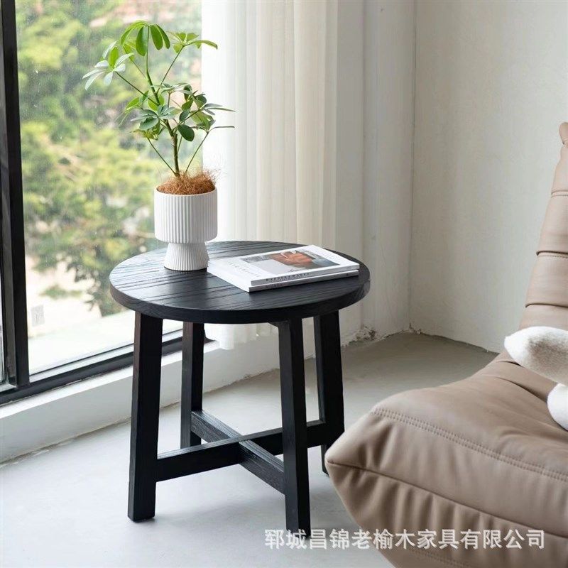 简易老榆木小茶几小户型沙发边角几小圆桌子实木黑色阳台书桌装饰