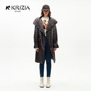 菱格绗缝夹棉中长款 新品 KRIZIA 大口袋设计棉服外套女 冬季