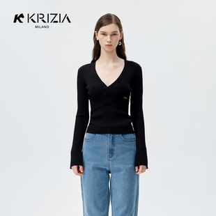 春季 KRIZIA 新品 黑色修身 长袖 女春秋薄款 V领针织衫 上衣