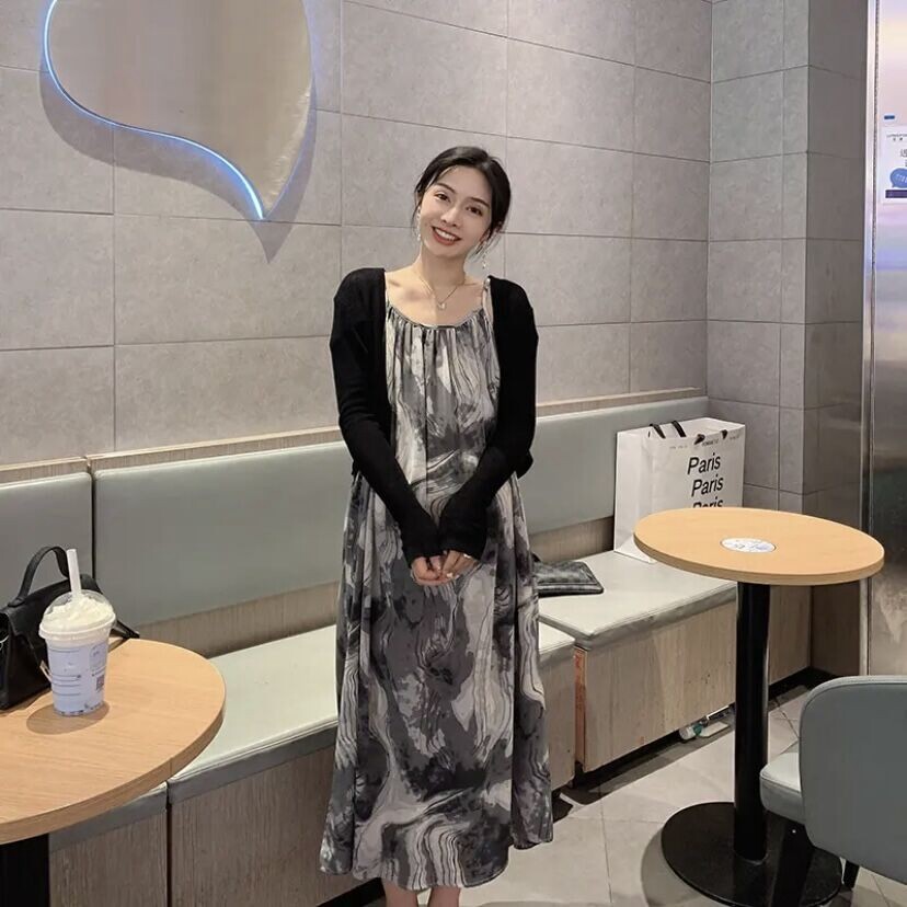 임산부 가을 정장 긴팔 카디건 중간 길이 서스펜더 스커트 기질 투피스 세트 2022 새로운 다목적 유행 여성