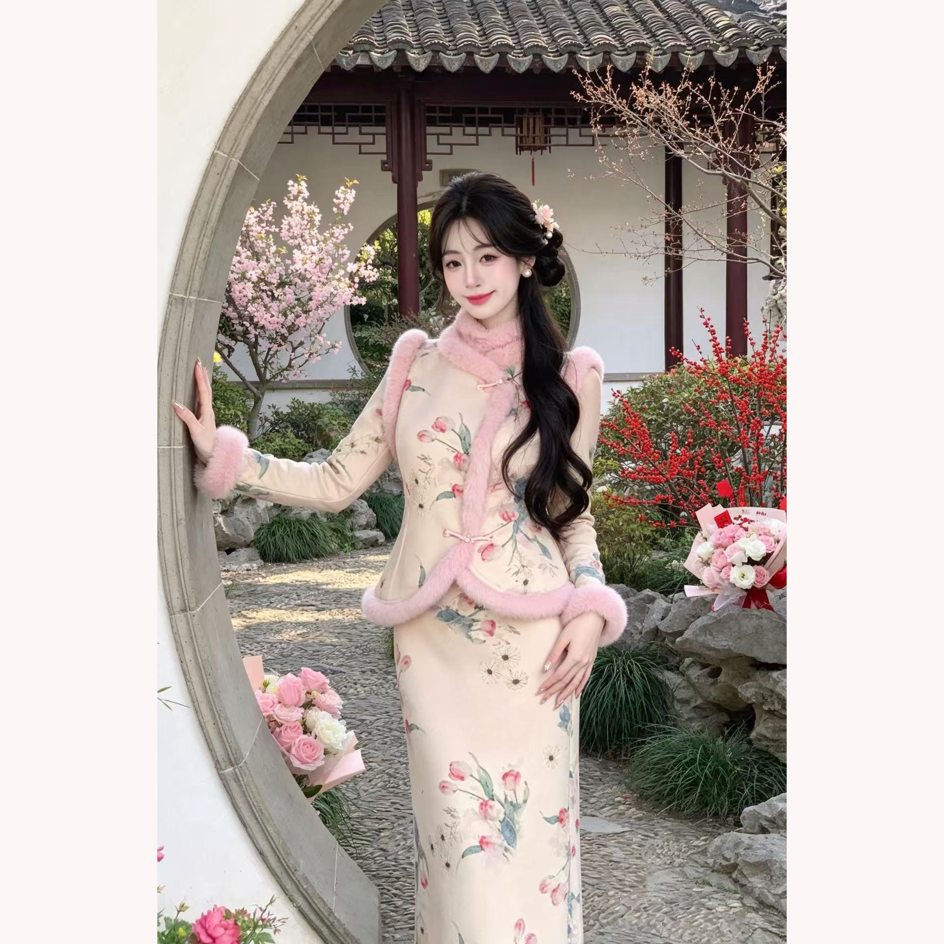 【粉新香玉-两件套加绒】潇夫人自制中式显白长袖旗袍裙国风套装