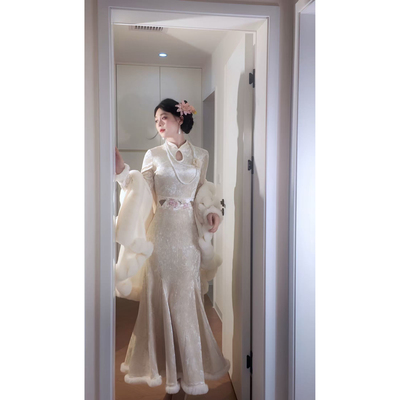 【雪后-加绒】潇夫人自制刺绣腰封鱼尾裙步步生莲丝绒旗袍