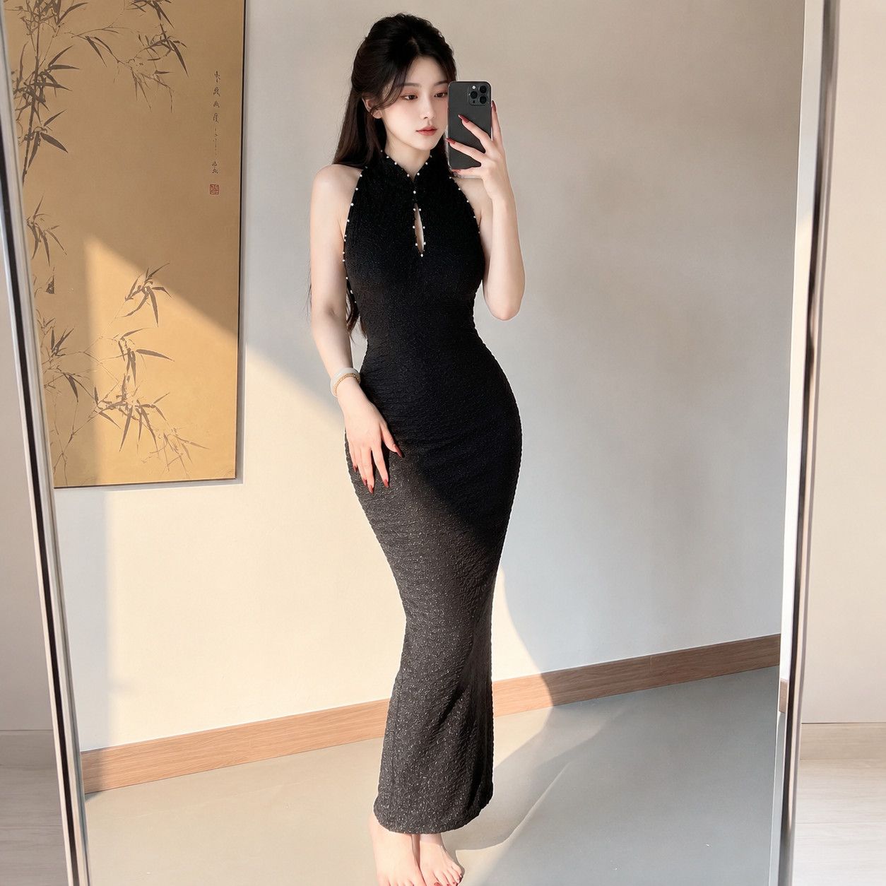 黑色晚礼服女2026新款高级感宴会气质挂脖重工主持人鱼尾长裙高端图片