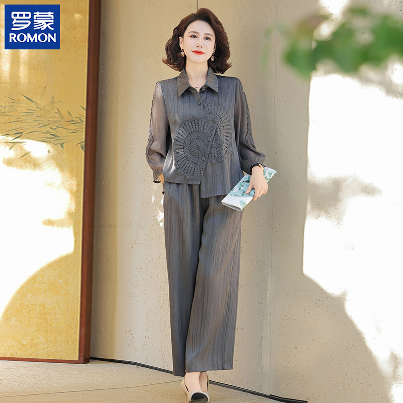罗蒙品牌妈妈夏装套装新款翻领长袖小衫中老年女装夏季两件套薄款