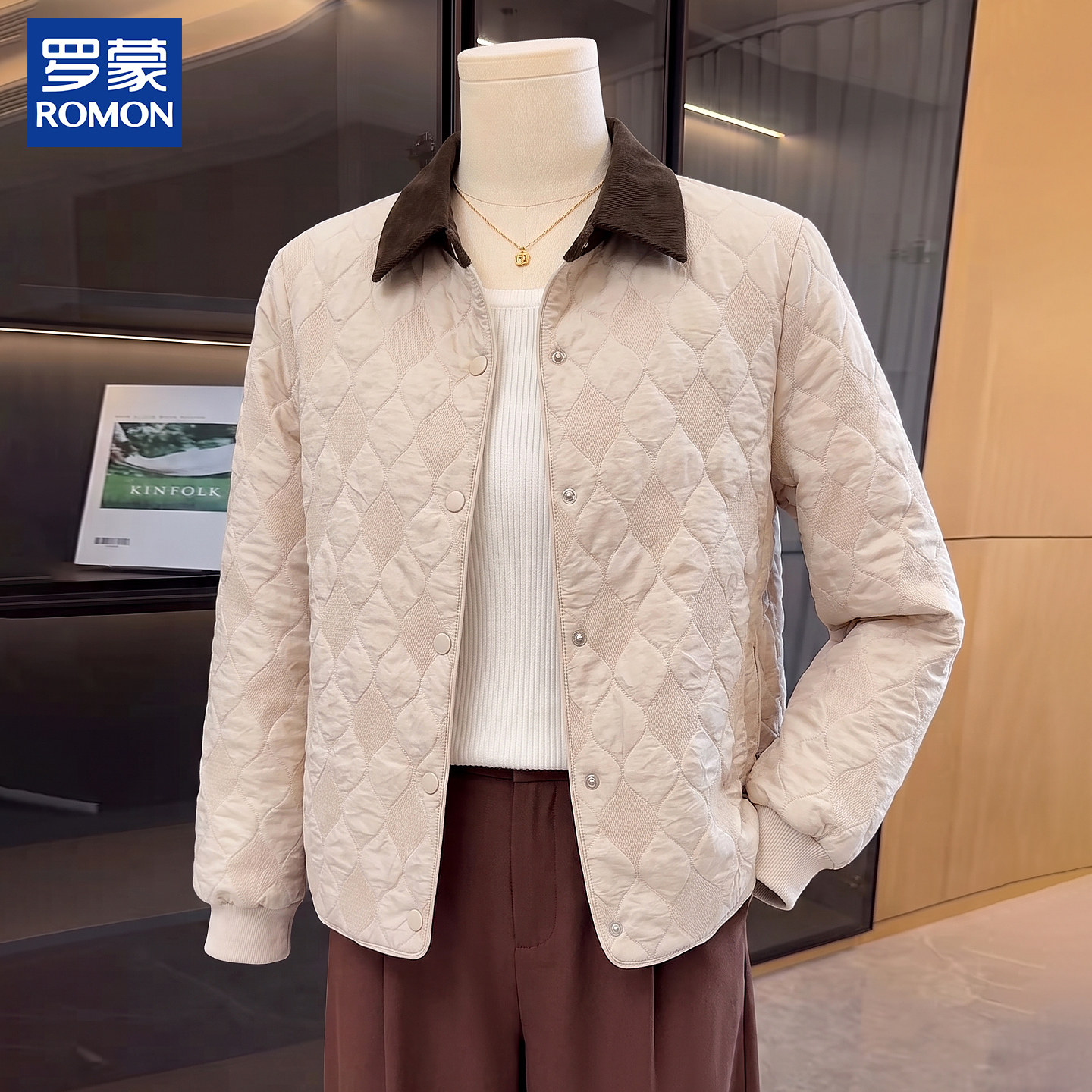 罗蒙洋气妈妈装秋夹棉外套今年流行衣服合适中老年女翻领格子上衣