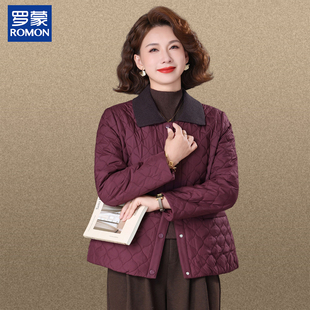罗蒙洋气妈妈秋冬翻领夹棉外套中老年女冬季宽松大码纯色短款棉服