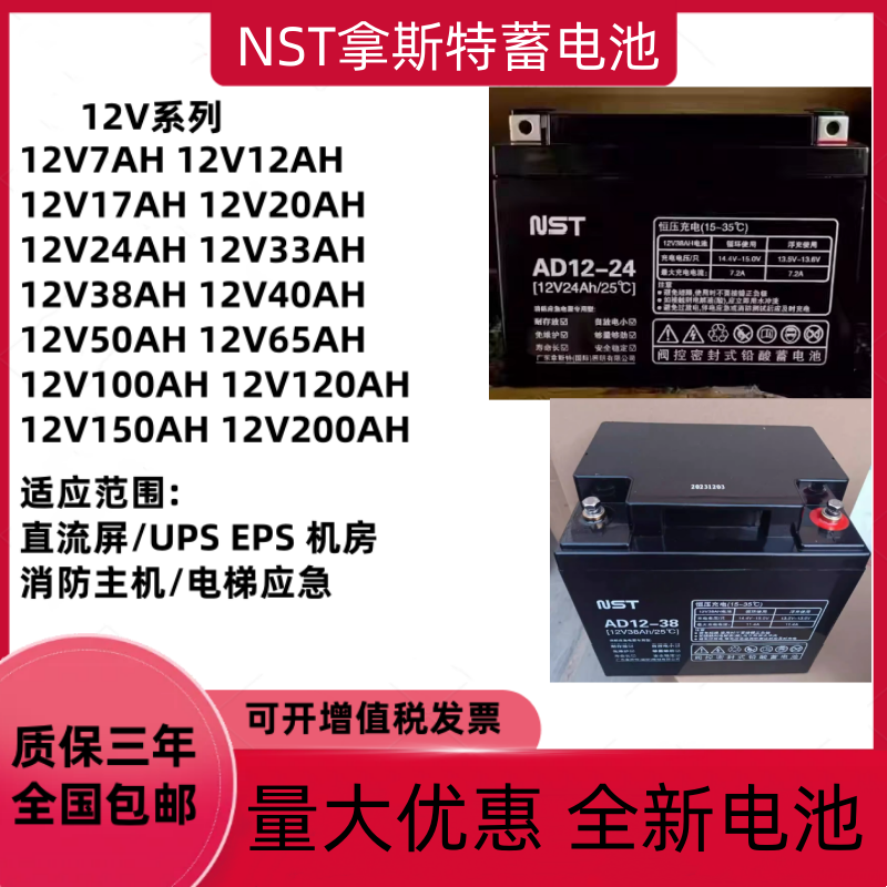 NST拿斯特蓄电池AD12V18AH24AH38AH65AH100AH直流屏EPSUPS电源