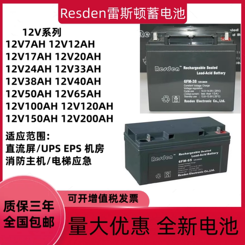 Resden雷斯顿蓄电池6FM12V7AH17AH24AH38AH65AH100AH120AH消防UPS