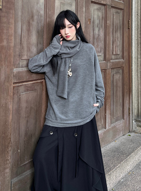 FG721 高级感秋冬打底衫女原创设计感小众连帽上衣围巾领套头卫衣