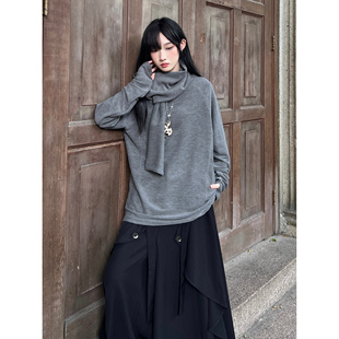 FG721 高级感秋冬打底衫女原创设计感小众连帽上衣围巾领套头卫衣